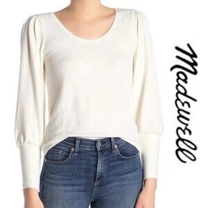 Madewell Women's Puff-Sleeve Scoopneck Soft Knit Sweater White Size Medium